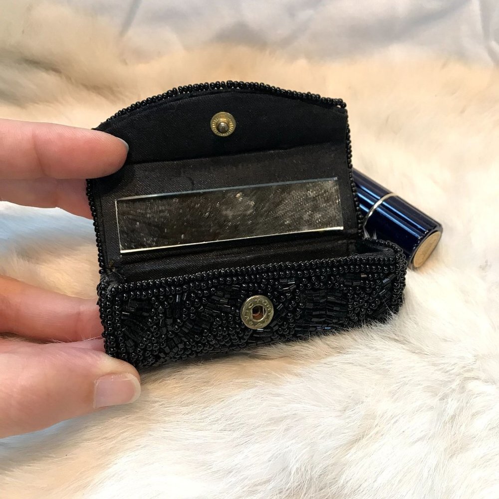 Vintage Beaded Lipstick Case Black with Mirror